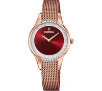Festina Mademoiselle F20496/1 Women’s 30 mm Quartz Watch - Rose-Gold Mesh Bracelet, Red Sunburst Dial, Swarovski Crystals