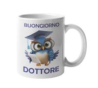 Festival dei Gufi - TAZZA per Dottore con Simpatico Gufo con gli occhiali - Laurea Portafortuna da caffè e Colazione da Regalare - con scritta BUONGIORNO DOTTORE - per laureato Ceramica 350 ml