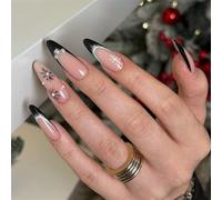 Festive Black Edge Glossy Press Stick Nails ABS Press Stick Nails Lunga Durata Manicure Unghie Unghie Nail Art Set per le Donne Brillante French Manicure Nail