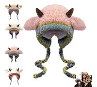 Festive Christmas Antler Hat,Winter Warm Fuzzy Horns Sheep Beanie,Windproof Foldable Cute Deer Knitted Cap with Ears (Pink)