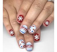 Festive Glitters Press On Nails 24PCS Christmas Snowflake Pattern White Red Stripes Unghie artificiali per le donne Multi Occasione Uso Glitter Premere sulle unghie