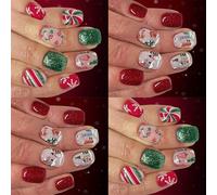 Festive Glitters Press On Nails Set di 48 pezzi di forma quadrata corta rossa verde punte francesi per eventi di Natale riunioni di famiglia breve quadrato Natale nail art