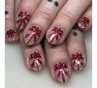 Festive Holiday Press On Nails Argento Glitter Breve Ovale Falso Con Fiocchi Cravatta Per Natale 24 Pezzi Decorazione Fiocchi Unghie Finte