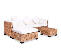 Festnight Set 18 Pz Divano da Giardino Esterno in Rattan Naturale con Penisola Tavolino Quadrato e Cuscini Bianchi,Divano Modulare da Giardino in Rattan,Divano con Penisola da Giardino in Rattan