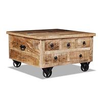 Festnight Tavolino da caffè Quadrato Stile Industriale in Legno Grezzo di Mango con Cassetti e Ruote da Giardino e Salotto 70x70x40 cm