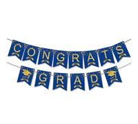 Festone da appendere con scritta "Congrats Grad Banner" blu e oro, per laurea, ghirlanda, bandiera, con glitter, per feste di laurea, scuola, università, lauree, forniture per feste