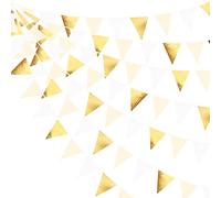 Festone da appendere in tessuto con bandierine a triangolo, in tessuto, 90 m, colore: oro bianco, beige, per compleanni, matrimoni, baby shower, anniversari, lauree, decorazioni da appendere