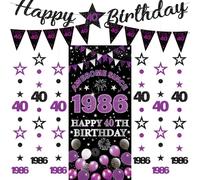 Festone da donna per 40° compleanno, 9 pezzi, nero e viola, striscione di buon compleanno, fantastico dal 1986, tenda scintillante a pois da appendere per lei 40 anni
