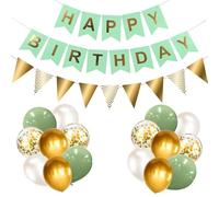 Festone decorativo con scritta "Happy Birthday", colore oro verde, con palloncini, nastri e striscioni per feste (GN+GD+PT)