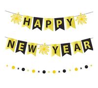 Festone decorativo con scritta "Happy New Year" e oro e nero, con glitter rotondo e stella ghirlanda Streamer Banner scintillante dorato fuochi d'artificio Capodanno bandierine 2025 Capodanno