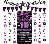 Festone decorativo per 10° compleanno, per ragazze, 9 pezzi, nero, viola, bandiere, sfondo numero stella puntino glitter kit ghirlande da appendere per ragazze felici 10 anni forniture per feste di