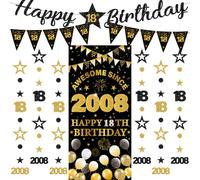 Festone decorativo per 18° compleanno, 9 pezzi, nero e oro, striscione di buon compleanno, fantastico dal 2008, tenda scintillante a pois da appendere, per ragazzi e ragazze di 18 anni