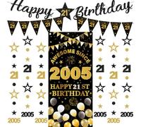Festone decorativo per 21° compleanno, 9 pezzi, nero e oro, striscione di buon compleanno, fantastico dal 2005, tenda scintillante a pois da appendere, per ragazzi e ragazze, 21 anni
