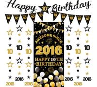Festone decorativo per decimo compleanno, 9 pezzi, nero e oro, con scritta "Happy Birthday", fantastico dal 2016, tenda scintillante a pois da appendere, per ragazzi e ragazze di 10 anni