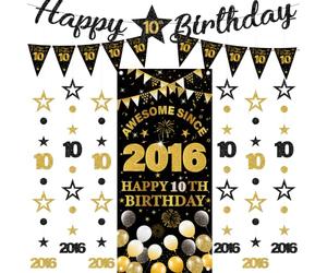 Festone decorativo per decimo compleanno, 9 pezzi, nero e oro, con scritta "Happy Birthday", fantastico dal 2016, tenda scintillante a pois da appendere, per ragazzi e ragazze di 10 anni