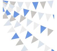 Festone in tessuto di cotone da 10 m, con 36 bandierine per matrimoni, compleanni, baby shower, decorazione per feste, perfetto da appendere a pareti o porte (blu, grigio, bianco)