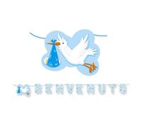 FESTONE Maxi scritta BENVENUTO Celeste Azzurro in carta con Cicogna - 600x25cm - ghirlanda decorazione - per decorazioni addobbo tavola per feste, party NASCITA bimbo bambino