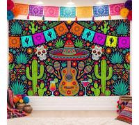 Festone messicano con teschi di zucchero, 210,8 x 149,9 cm | Cinco De Mayo Party Supply, Fondale fotografico, vivace tema messicano, motivo chitarra e sombrero, da appendere alla parete
