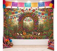 Festone messicano per festeggiamenti a tema calendula, 210,8 x 149,9 cm | Papel Picado, sfondo fotografico, chitarra acustica, giardino di cactus, vivaci motivi floreali, atmosfera celebrativa