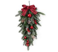 Festone natalizio artificiale a goccia, 55 cm, in finto pino con bacche rosse, pigne, fiocco e palline, decorazione natalizia a goccia, per parete, finestra, decorazione natalizia