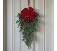 Festone natalizio con fiocco in velluto, aghi di pino finto a goccia con campana di mucca, fiocco rosso e palline di Natale, per porte, finestre, camini, pareti, interni ed esterni, decorazione per la