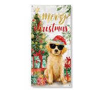 Festone natalizio per porta con cane, simpatico cucciolo con occhiali da sole e decorazione per regali di festa, per interni ed esterni, per vacanze invernali, 91 x 182 cm