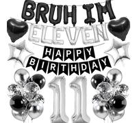 Festone per 11° compleanno per ragazzo, 37 pezzi, nero argento Happy Birthday Banner BRUH I'M ELEVEN stella cuore numero 11 palloncini in lamina decorazione palloncini con paillettes per ragazzi di 11