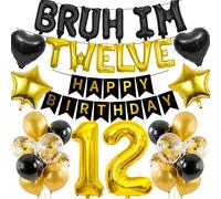 Festone per 12° compleanno per ragazzo, 37 pezzi, nero oro Happy Birthday Banner BRUH I'M TWELVE stella cuore numero 12 palloncini in lamina decorazione palloncini con paillettes per ragazzi di 12