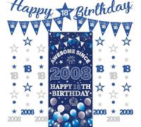 Festone per 18° compleanno, 9 pezzi, blu e argento, striscione di buon compleanno, fantastico dal 2008, sfondo per tende scintillanti, stelle puntine, da appendere, per feste di 18 anni