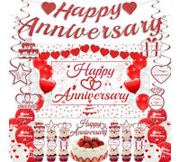Festone per anniversario di matrimonio, 35 decorazioni romantiche rosse, tra cui sfondo Happy Anniversary da appendere, palloncini in lattice per feste di nozze, proposte di fidanzamento