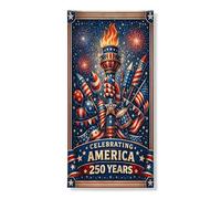 Festone per porta con scritta in lingua inglese "Celebrating America 250 Years", design vintage con torcia patriottica per il giorno dell'indipendenza, decorazione per interni ed esterni, 91 x 182 cm