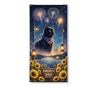 Festone vintage festivo per porta, gatto con fuochi d'artificio e girasoli, decorazione per interni ed esterni, 91 x 182 cm