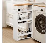 FetiNes Carrello per Nicchia con Ruote, 4 Livelli, Servizio Stretto Salvaspazio, Carrello da Cucina Bagno Sottile Multiuso 40x20x80cm,Rovere Chiaro+Bianco