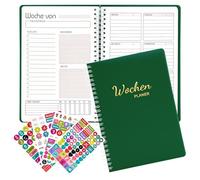 Fettwal Agenda settimanale non datata, formato A5, agenda settimanale con lista delle cose da fare, 4 adesivi, 52 fogli in tedesco ad anelli con copertina rigida (verde scuro)