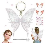 Fettwal Costume da donna con ali da fata, per adulti, per bambini, con 2 paia di orecchie da elfo, per Halloween, carnevale, Pasqua (bianco)