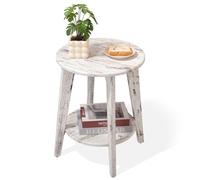 FEUFOAM Tavolino rotondo in legno bianco con ripiano inferiore rustico vintage comodino accanto al tavolo piccoli tavoli d'accento per soggiorno camera da letto piccoli spazi