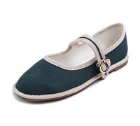 Feversole Women's Mary Jane Fashion，Scarpe Basse Classiche da Donna Décolleté Eleganti Mary Jane con Fibbia Morbida Scarpe da Ballo per Balletto per Donna Tela Verde Scuro 41