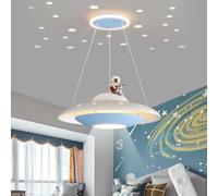 FEWDSCA Modern Kidrens Camera Lampadario Cartone Animato Creativo Astronauta Lampadario Ufo Soffitto Infinitamente Dimmabile con Telecomando/Blu