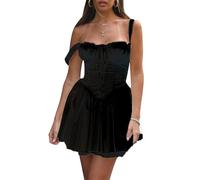 Fexofao Abito da donna a forma di lattaia, corsetto, mini coquette, senza maniche, scollo quadrato, con lacci sul davanti, corto, stile casual, linea ad A, Nero , M