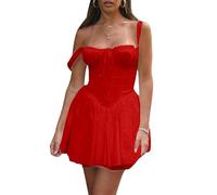 Fexofao Abito da donna a forma di lattaia, corsetto, mini coquette, senza maniche, scollo quadrato, con lacci sul davanti, corto, stile casual, linea ad A, Rosso, L