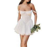 Fexofao Abito da donna a forma di lattaia, corsetto, mini coquette, senza maniche, scollo quadrato, con lacci sul davanti, corto, stile casual, linea ad A, bianco, S