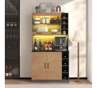 feynoss Armadio da cucina a buffet con illuminazione a LED, altezza con forno a microonde, fori e ripiani regolabili, legno MDF, 100 x 47 x 187 cm, colore naturale