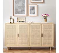 feynoss Credenza con 4 ante in rattan, larghezza 158 cm, ripiani regolabili e ampio spazio di archiviazione, cassettiera in rovere per camera da letto, soggiorno, ufficio, 158 x 40 x 88 cm