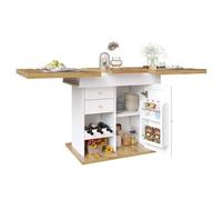 feynoss Tavolo da pranzo allungabile da 110 a 140 cm con ripiano per snack e vino, telescopico con porta pieghevole e cassetto, tavolo da cucina per 4-6 persone, colore bianco