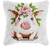 FFDONGTEGO animale Kit di Ganci a Chiusura per Cuscino,Maialino rosa che indossa una corona,DIY Cuscini Artigianali Kit Ricamare Cuscini Federa per Cuscino per Divano per Adulti,43x43cm