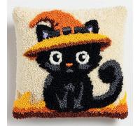 FFDONGTEGO Latch Hook Kits for Adults Beginners,Un gatto nero con un cappello,Pre-Printed Latch Hook Pillow Cover Kits Embroidery Cushion for Home Sofa Decoration,17x17in.