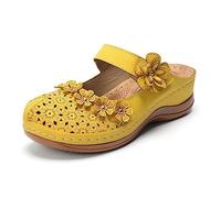 FFMA Sandali da donna estivi comodi sandali con piattaforma fiore solido testa rotonda punta chiusa scava fuori traspirante slip-on scarpe casual estive sandali con zeppa leggera, Giallo, 38 EU