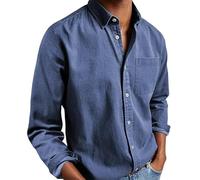 Ffmani Mens Shirts Solid Linen Long Sleeve Dress Button-Down Lapel Shirts with Pocket Gentleman's Casual Cotton Basic Shirt (Navy,XL)