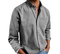 Ffmani Mens Shirts Solid Linen Long Sleeve Dress Button-Down Lapel Shirts with Pocket Gentleman's Casual Cotton Basic Shirt (Gray,3XL)