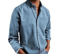 Ffmani Mens Shirts Solid Linen Long Sleeve Dress Button-Down Lapel Shirts with Pocket Gentleman's Casual Cotton Basic Shirt (Sky,4XL)